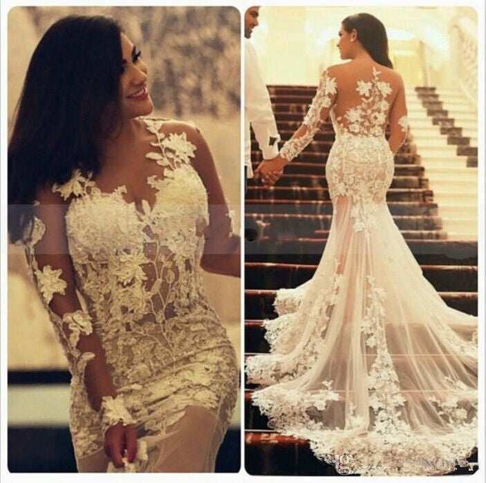 Sexy Sheer Tulle Mermaid Bridal Gowns Court Train Long Sleeve Plus Size Beach Wedding Dresses MH009