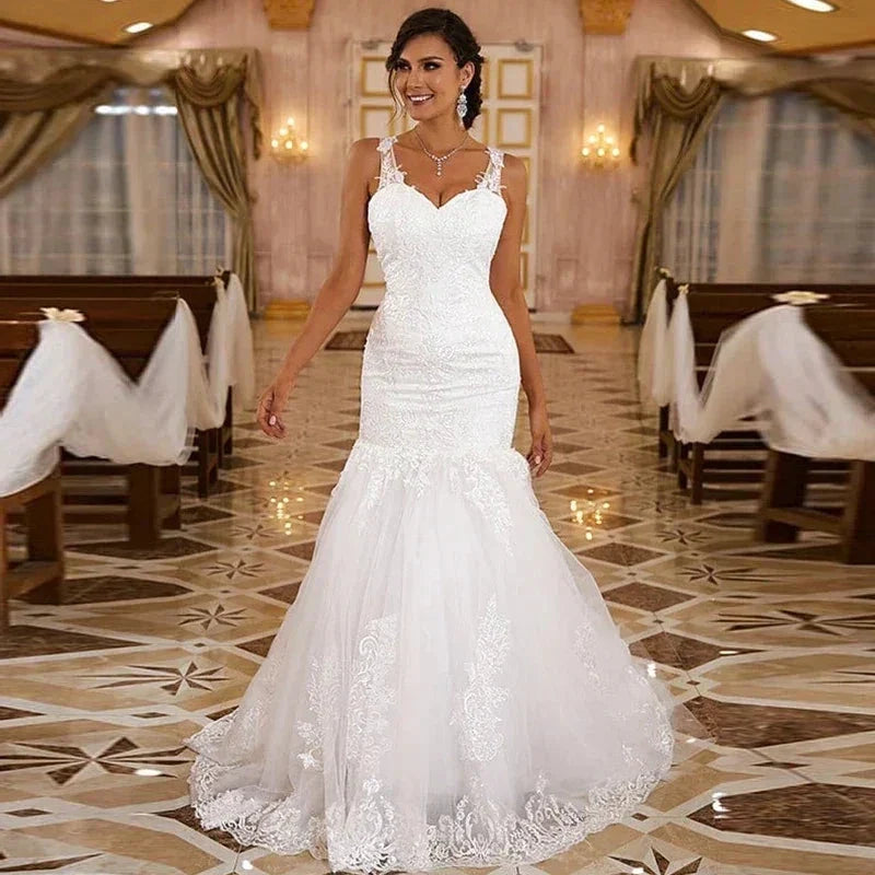 Sexy Sleeveless Sweetheart Wedding Dresses Women Gorgeous Lace Applique Mermaid Bridal Gowns Pleated Backless Formal Party Robe by payinti