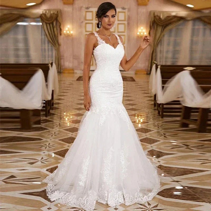 Sexy Sleeveless Sweetheart Wedding Dresses Women Gorgeous Lace Applique Mermaid Bridal Gowns Pleated Backless Formal Party Robe (ZD14184)