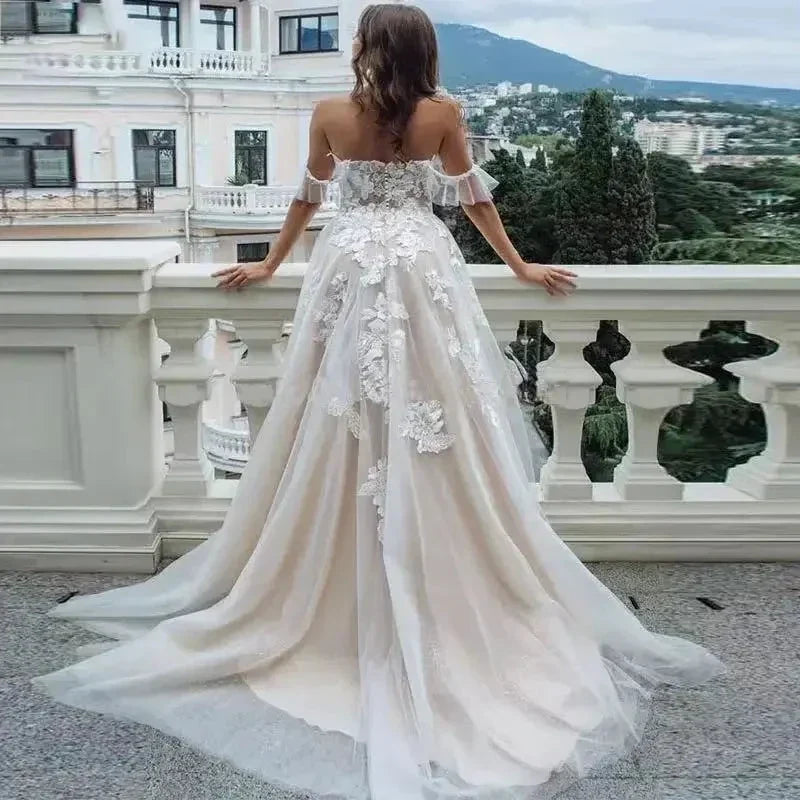Sexy Sweetheart A Line Wedding Dresses Off Shoulder Champagne Liner Tulle Appliques Sleeveless Bridal Gowns Womens Formal 2023 (ZD14097) - View 2 | VelvetHem
