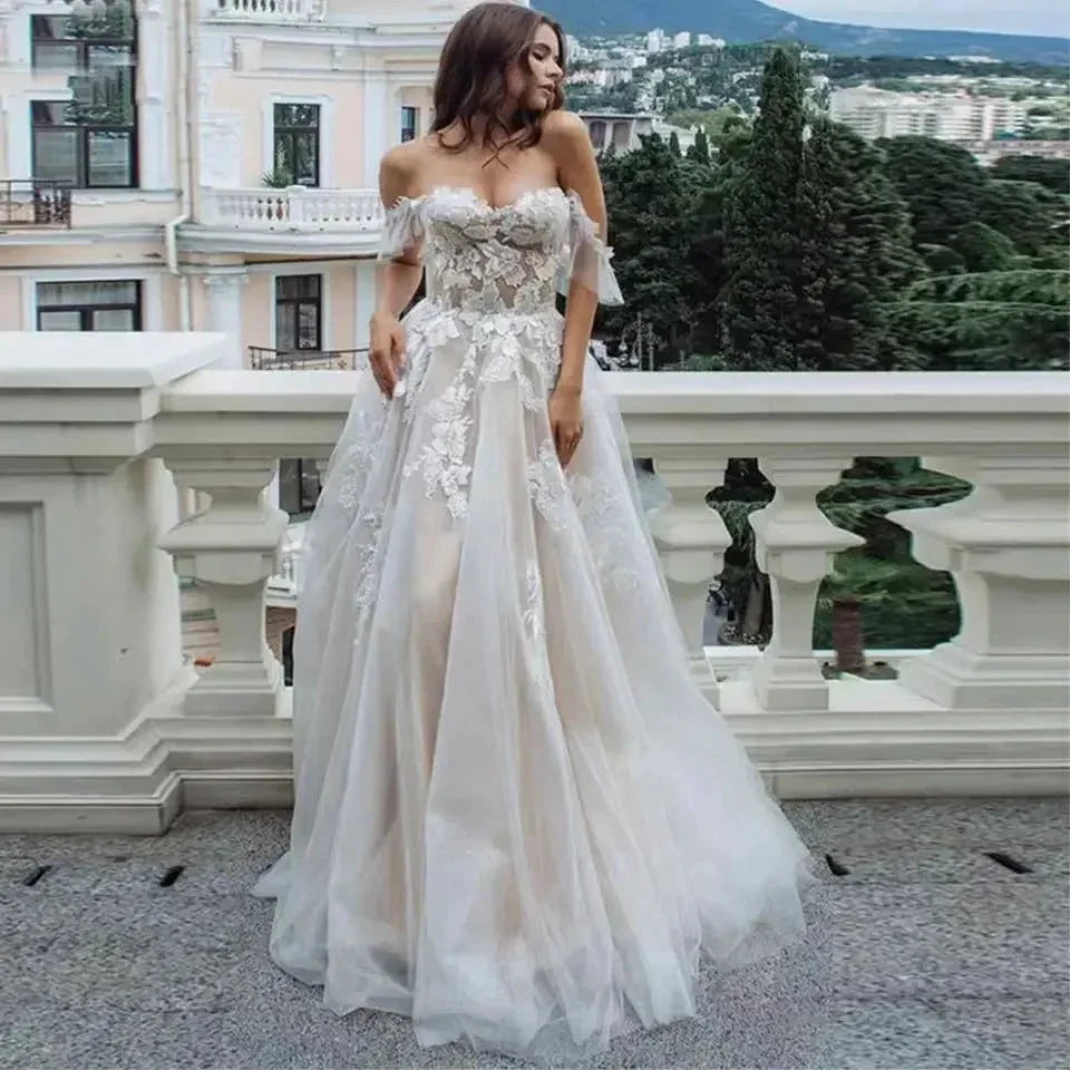Sexy Sweetheart A Line Wedding Dresses Off Shoulder Champagne Liner Tulle Appliques Sleeveless Bridal Gowns Womens Formal 2023 by payinti