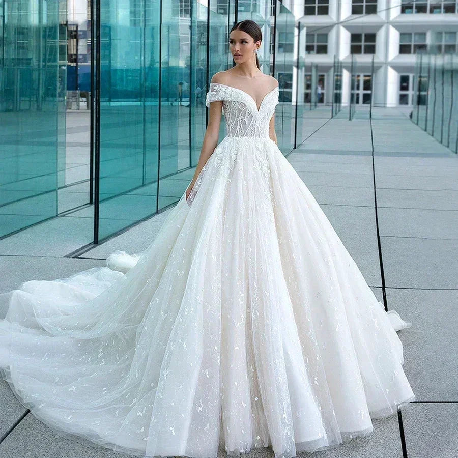 Sexy Sweetheart Lace Wedding Dresses Women's V-neck Decal Princess Wedding Formal Party 2023 Off Shoulder Beaded Romantic Bridal (ZD14157) - VelvetHem