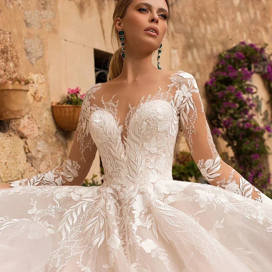 Sexy V-Neck Applique Wedding Dress Lace 2023 Illusion Long Sleeve A-Line Princess Bride Dress Bohemia Vestido De Noiva Women's (ZD14150)