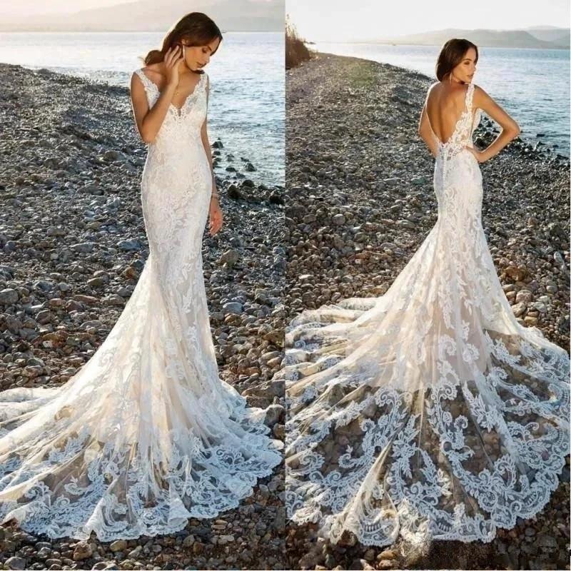 Sexy V-Neck Backless Mermaid Vestidos De Novia Appliques Vestido De Noiva Sweep Train Beach Wedding Dresses Lace Robe De Mariée (ZD14022)
