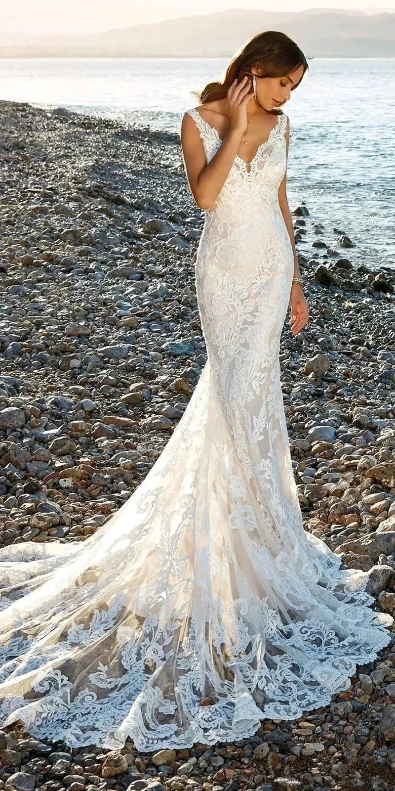 Sexy V-Neck Backless Mermaid Vestidos De Novia Appliques Vestido De Noiva Sweep Train Beach Wedding Dresses Lace Robe De Mariée by payinti