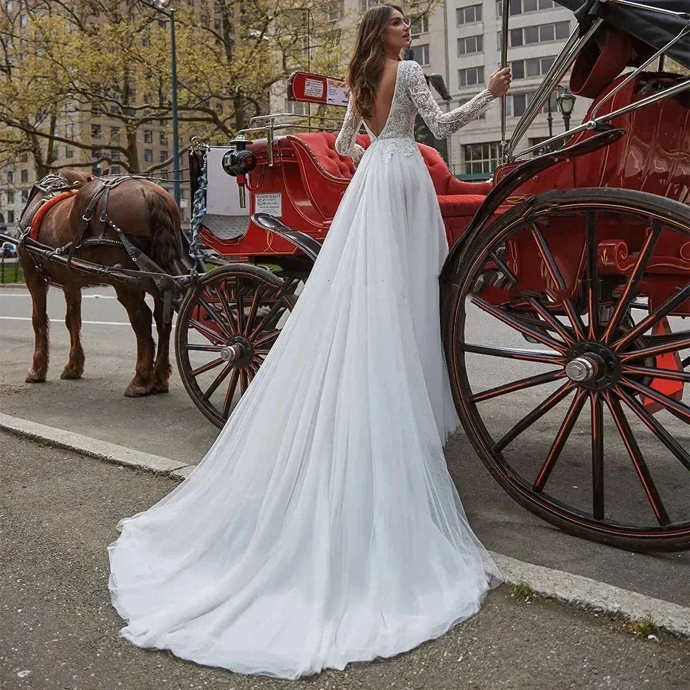 Sexy V Neck Backless Wedding Dresses Lace Long Sleeve Applique Princess Ball Gowns Fluffy A Line Side Slit formal ladies Party (ZD14254) - View 2 | VelvetHem