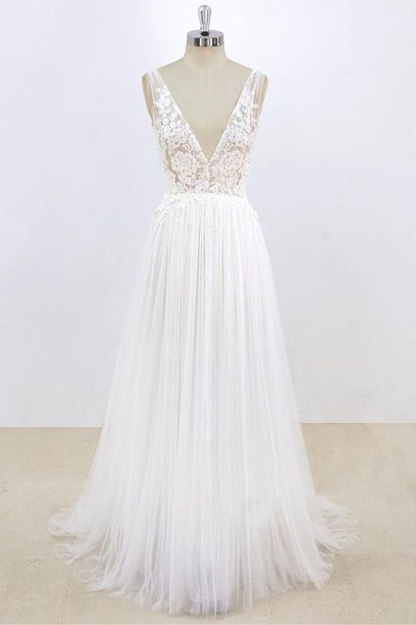Sexy V-neck Sleeveless Straps Wedding Dress | White Tulle Ruffles Lace Bridal Gowns