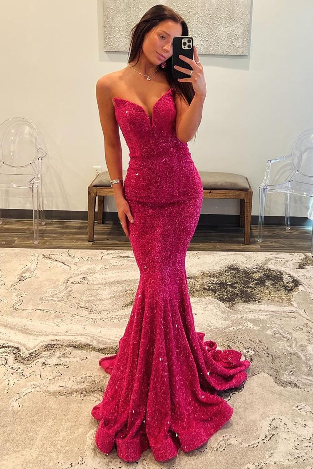 Fuchsia Glitter Mermaid Strapless Keyhole Back Sequin Long Prom Dress - FashionDia