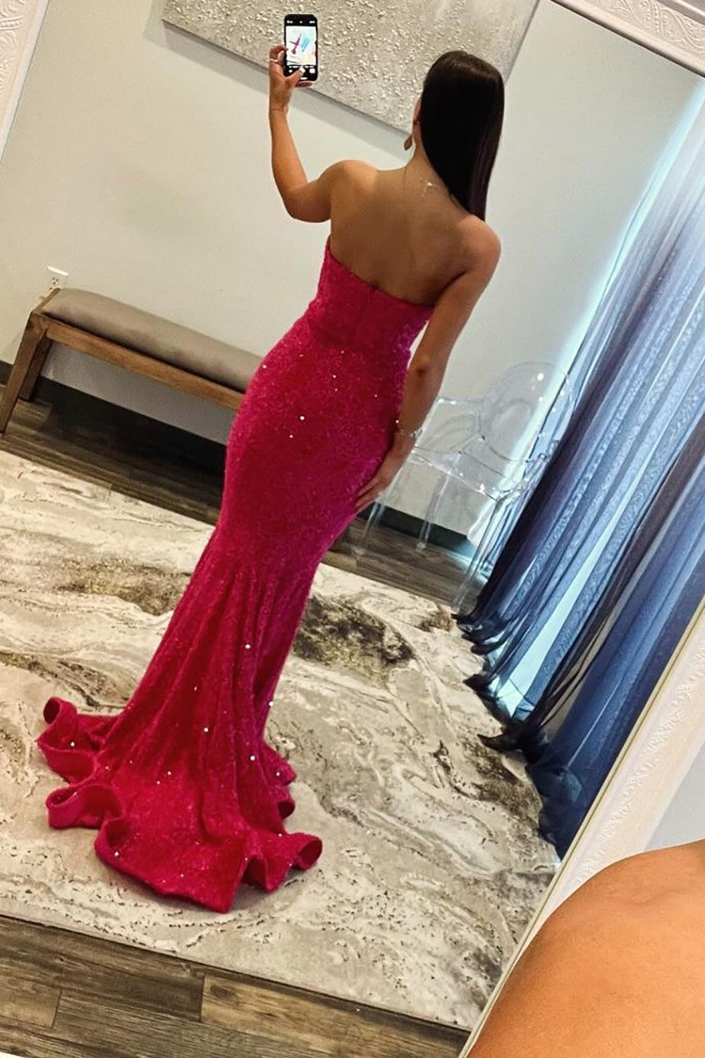Fuchsia Glitter Mermaid Strapless Keyhole Back Sequin Long Prom Dress - View 2 | FashionDia