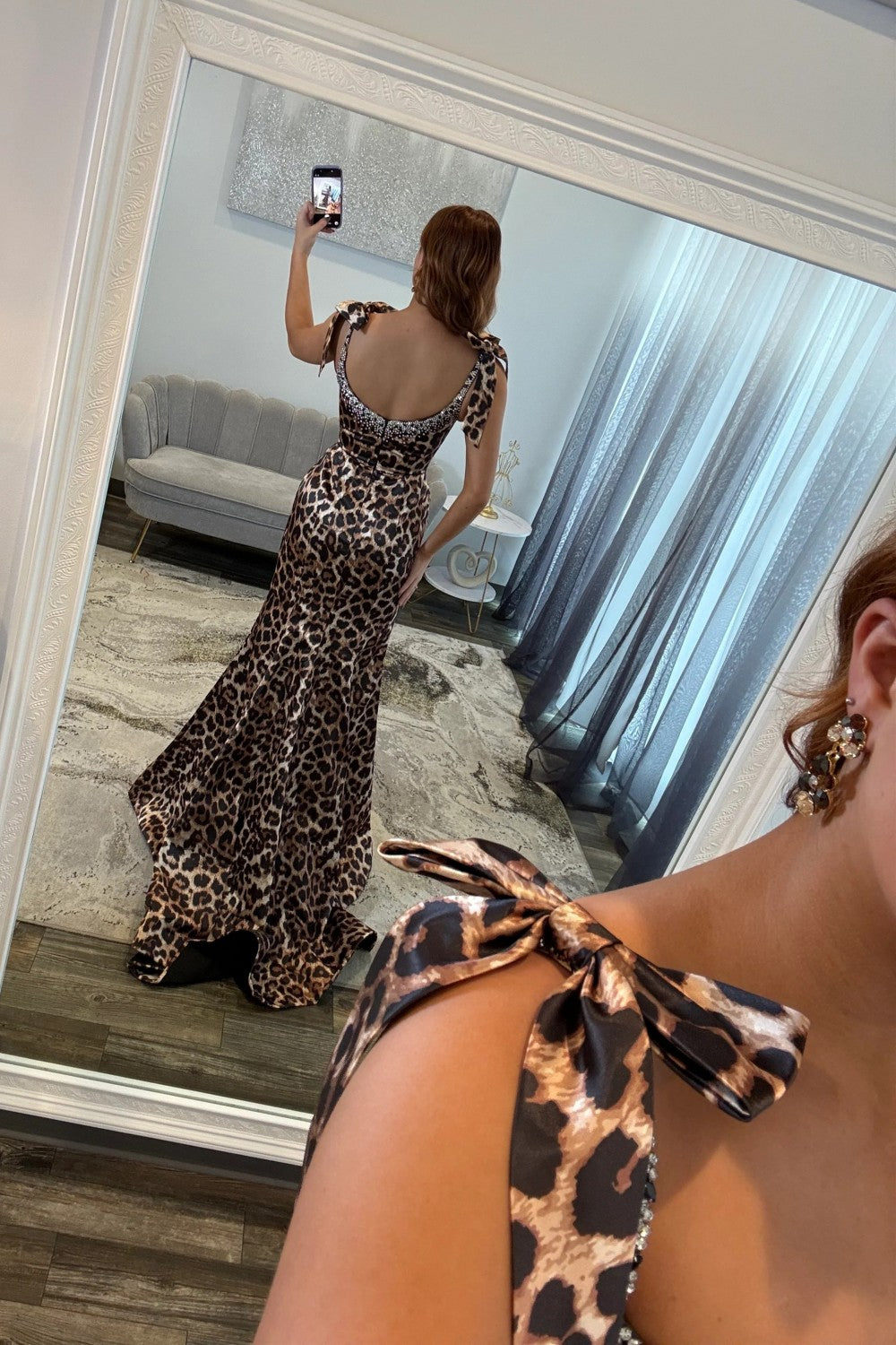 Hot Mermaid Spaghetti Straps Brown Leopard Printed Long Prom Dress with Beading