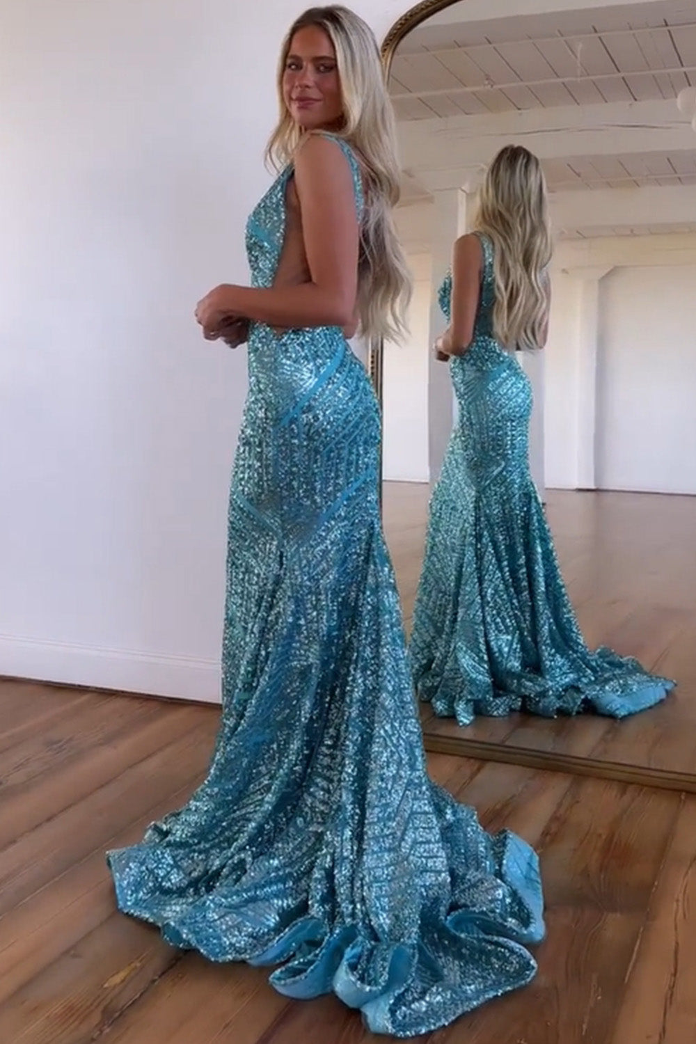 Sexy Sparkly Sequin Deep V-Neck Long Corset Prom Party Dress
