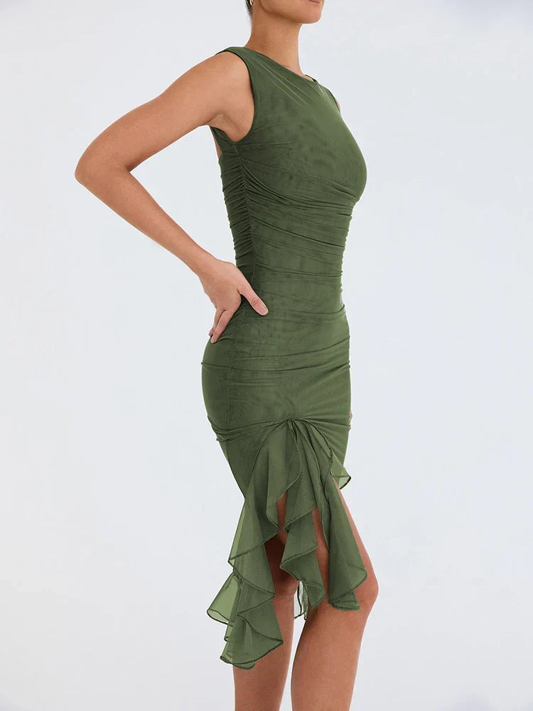 Elegant Ruffle Ruched Backless Midi Dress