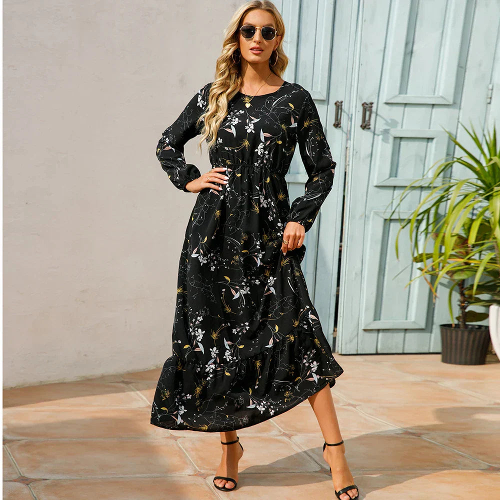 Natasha Effortless Women's Bohemian Floral Chiffon Maxi Dress with Long Sleeves Elevated Occasion Wear