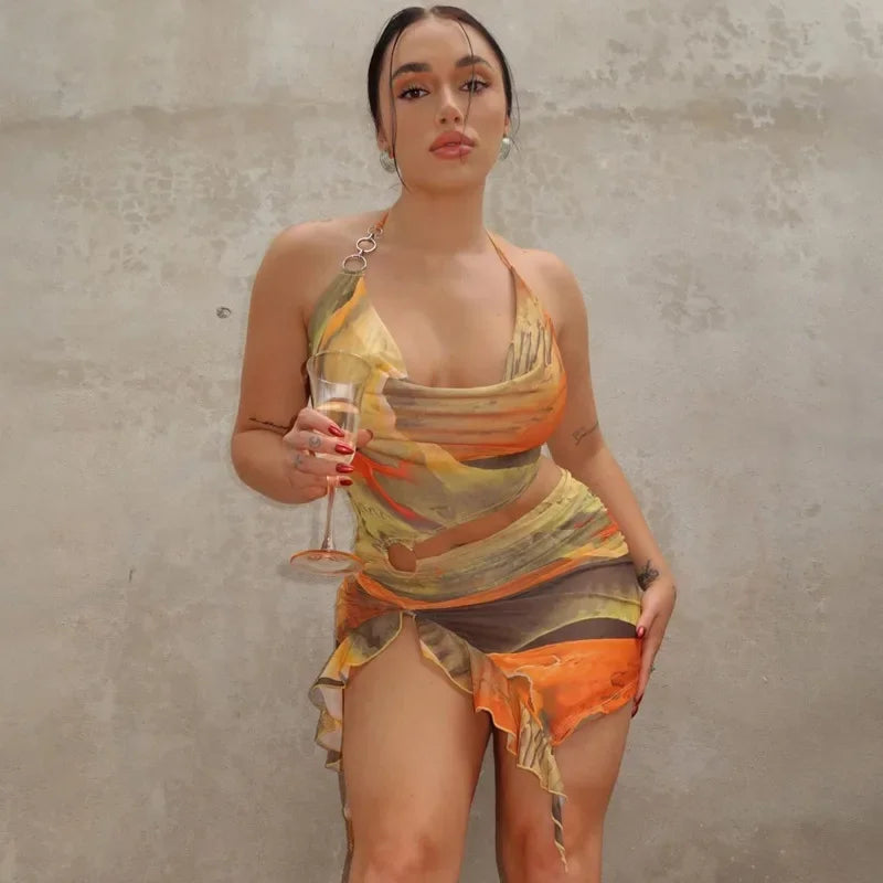 Tie Dye Halter Cut Out Ruffle Mini Dress - View 2 | VelvetHem