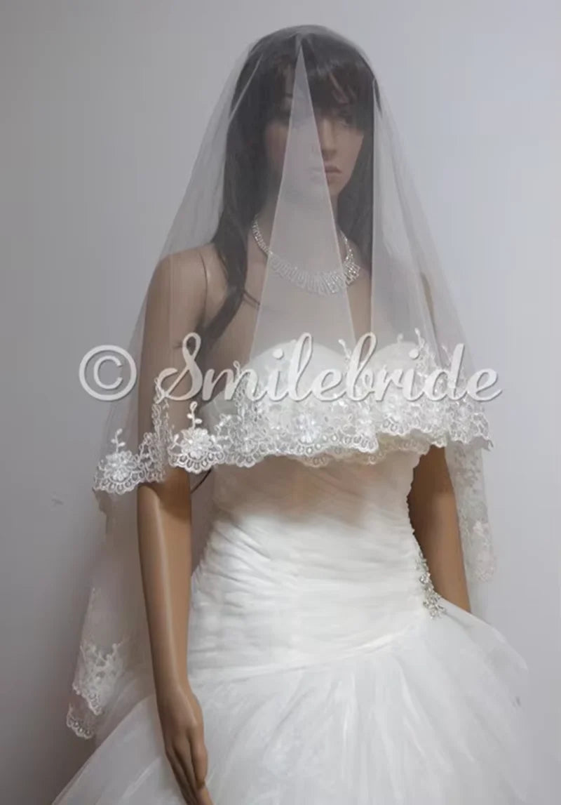 One layer 65" (165cm) Lace Wedding Veil No Comb - View 3 | FashionDia