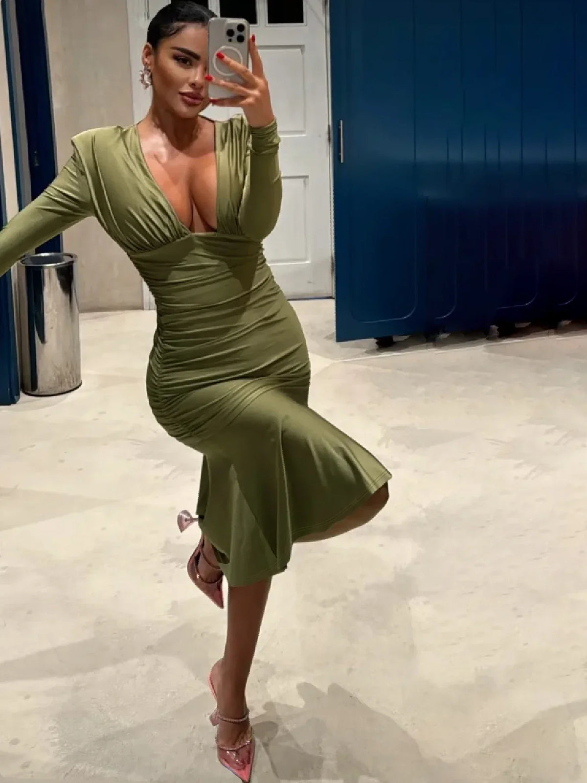 Ruched V-neck Sleeve Bodycon Midi Dress - View 3 | VelvetHem