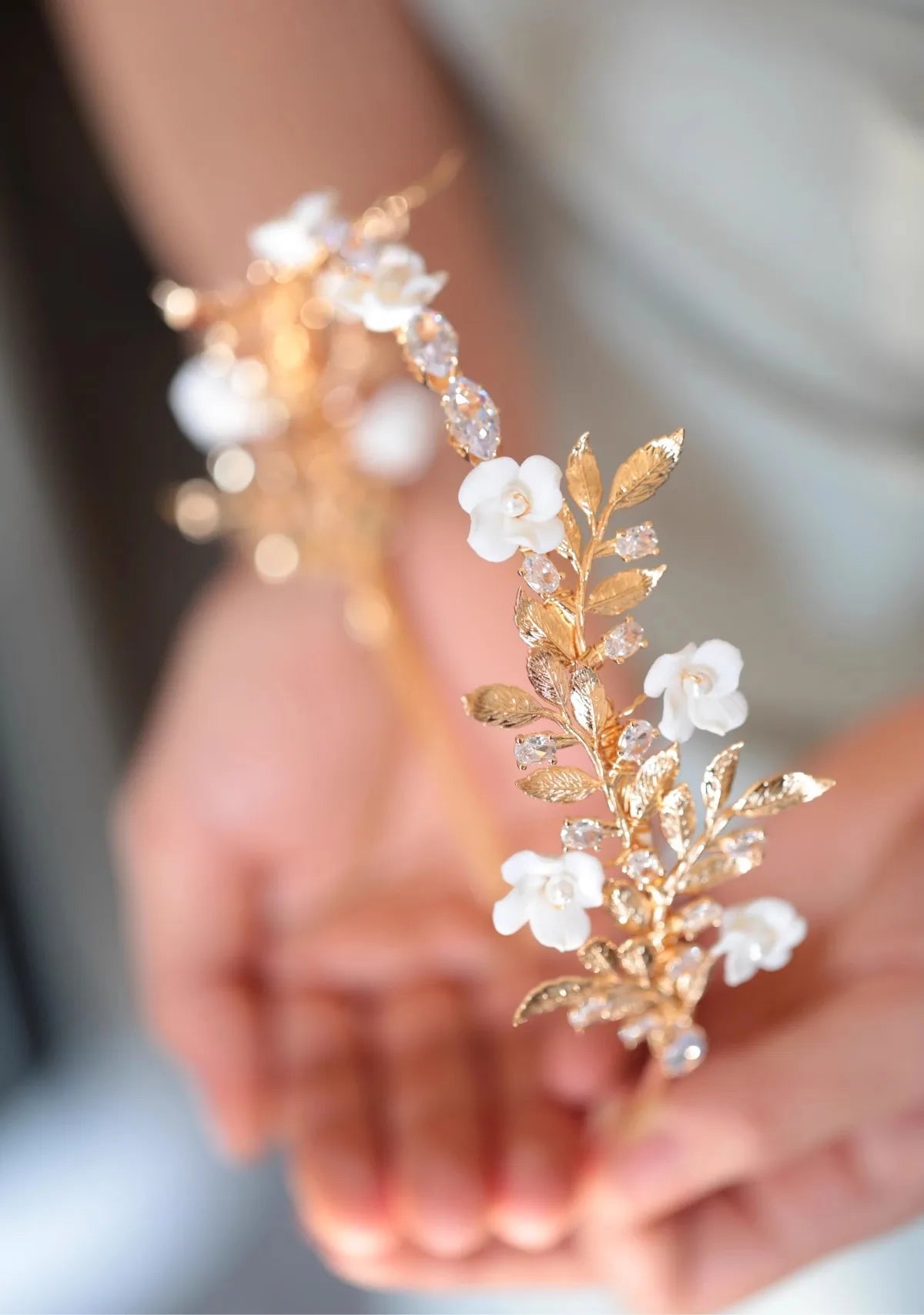 Bridal Hair Jewelry Porcelain Flower Headband Tiara Gold Color Leaf Headpiece For Brides Rhinestones Crown Wedding Accessories - View 2 | FashionDia