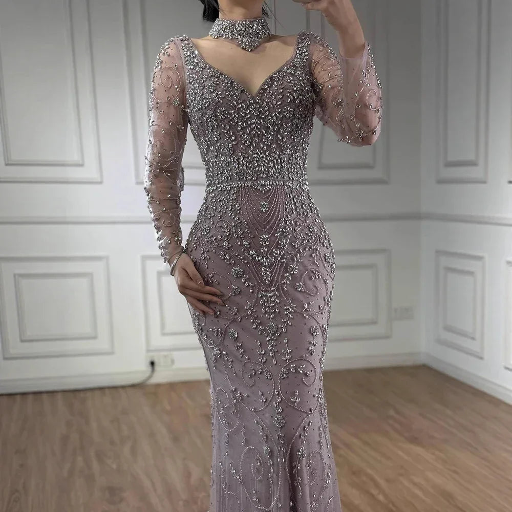 Zapdress Customized Turquoise Evening Dresses with Neck Lace 2026 Long Sleeves Mermaid Beaded Elegant Party Gowns DLA73042B (ZD17172)