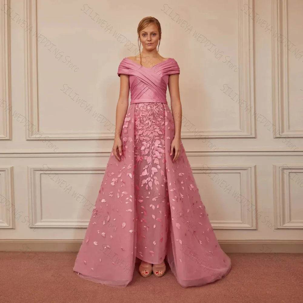 Elegant Pink Long Evening Dresses Women Off the Shoulder Appliqued Organza Formal Occasion Dress فساتين السهرة