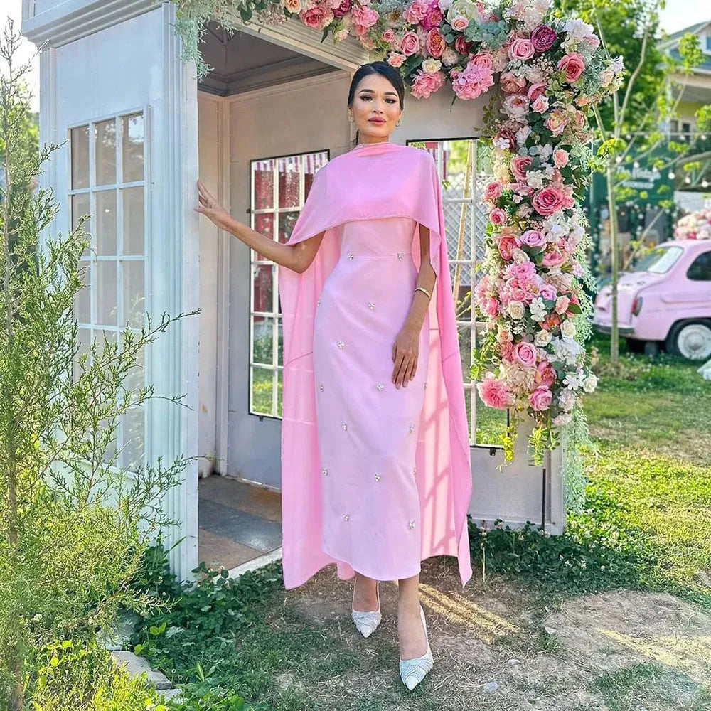 Pink Evening Dress With Cape Ankle Length Prom Dress Garden Formal Occasion Prom Gowns For Women Vestidos As Picture