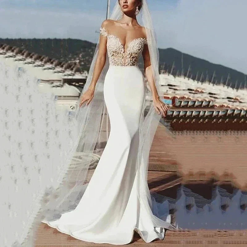 Vintage Lace Applique Wedding Dresses Sexy Off The Shoulder Mermaid Ball Gowns Empire Satin Formal Bridal Beach Party Vestidos (ZD14084)