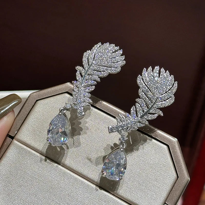 AAA Zircon Bridal Earrings Feather Cubic Zirconia Wedding Earring For Bride Bridesmaids Accessories Women Birthday Gifts Jewelry - View 2 | FashionDia