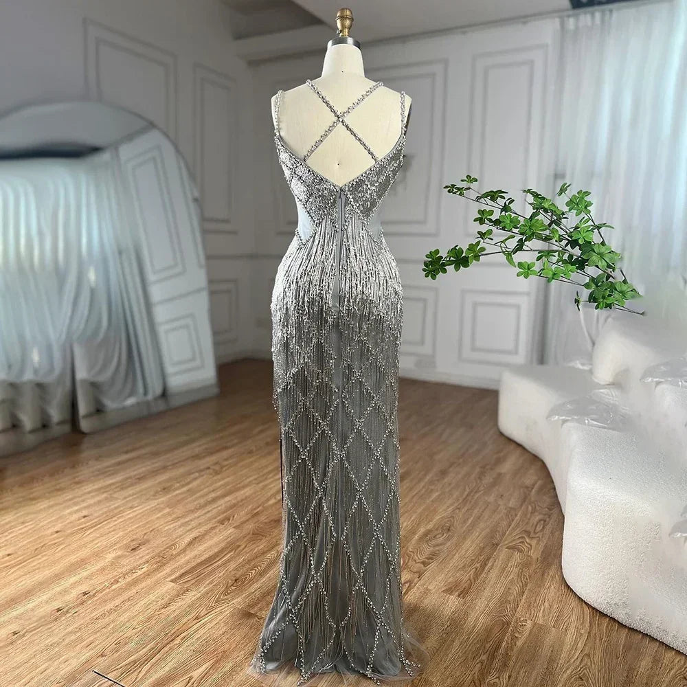 Zapdress Silver Mermaid Gold Evening Gowns Luxury Beaded Tassel Spaghetti Strap Party Dresses For Women DLA72280 Customized (ZD17197)