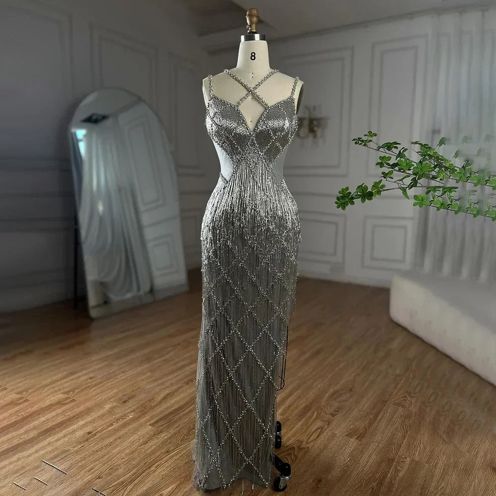 Zapdress Silver Mermaid Gold Evening Gowns Luxury Beaded Tassel Spaghetti Strap Party Dresses For Women DLA72280 Customized (ZD17197) - VelvetHem