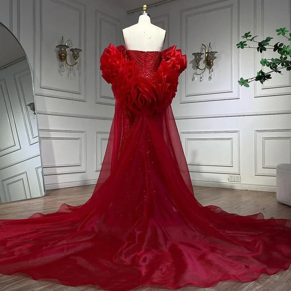 Zapdress Red Strapless Mermaid Pearls Beaded Evening Dress with Cape Wedding Party Gowns for Women DLA72585 Customized (ZD17266)