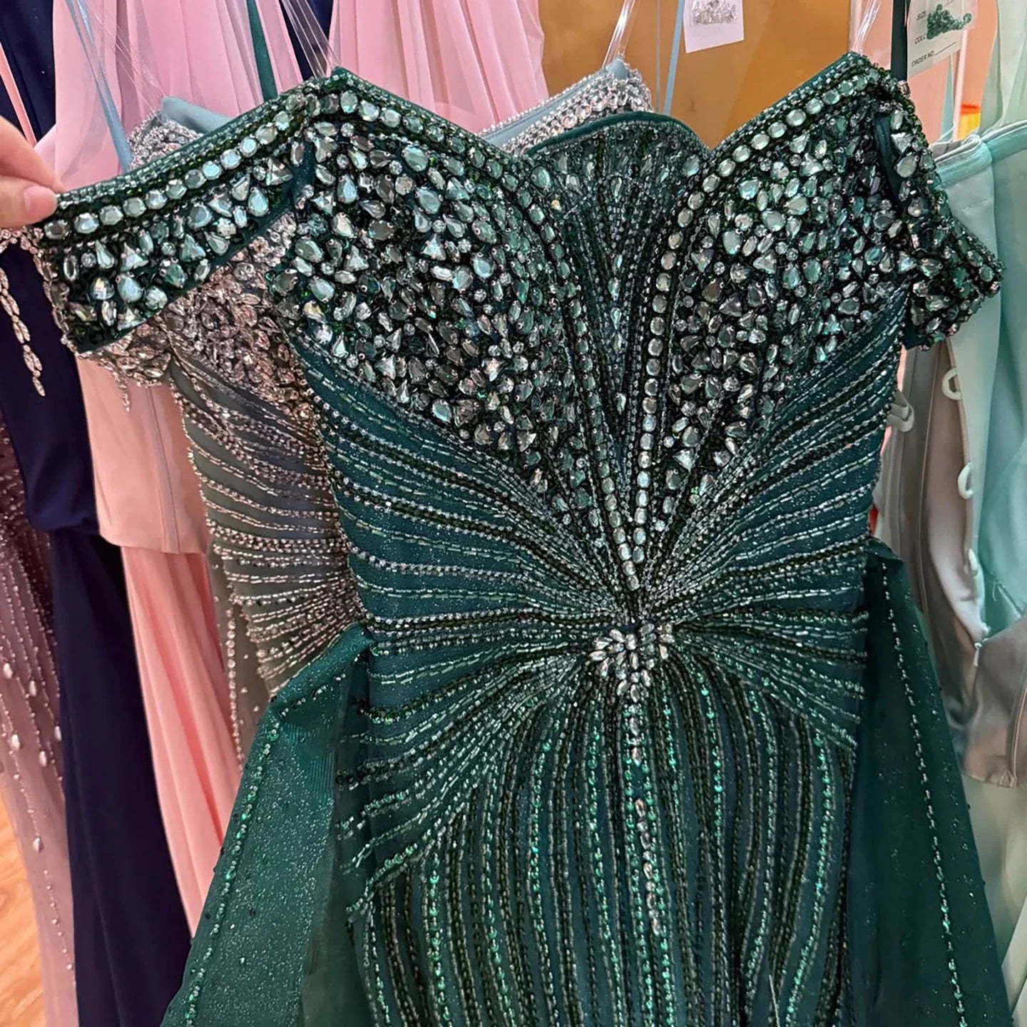 Zapdress Green Mermaid Beaded Evening Party Gown 2026 Elegant Off-Shoulder Runway Dress with Overskirt Customized (ZD17288)