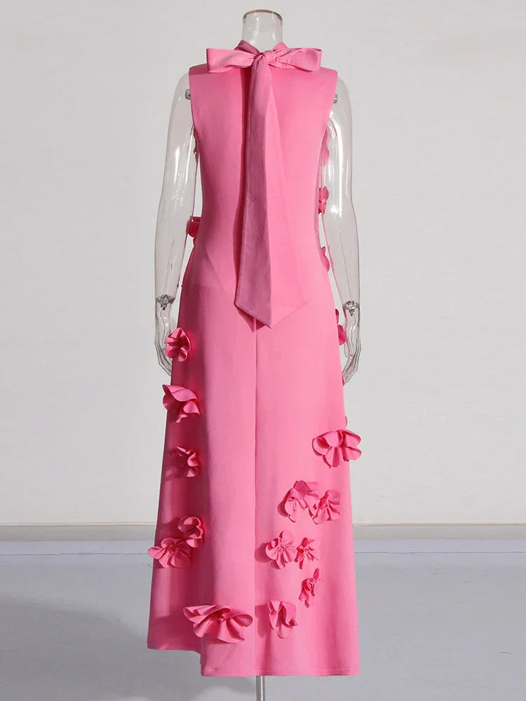3D Flower Appliqué Mock Neck Midi Dress