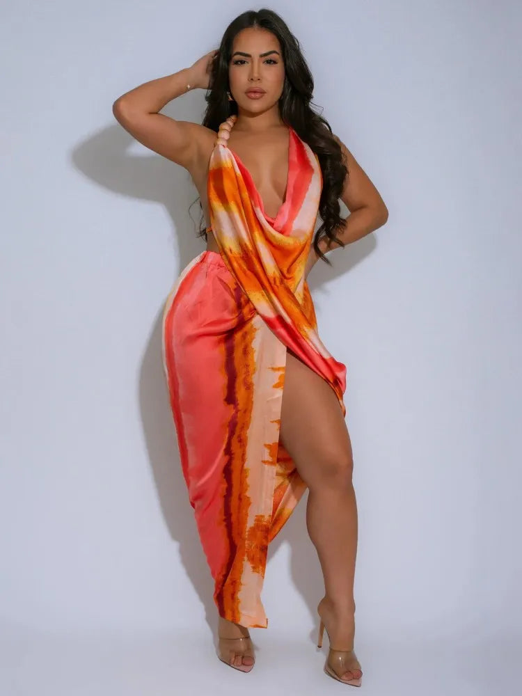 Tie Dye Halter Deep V-Neck Backless Midi Dress - View 7 | VelvetHem