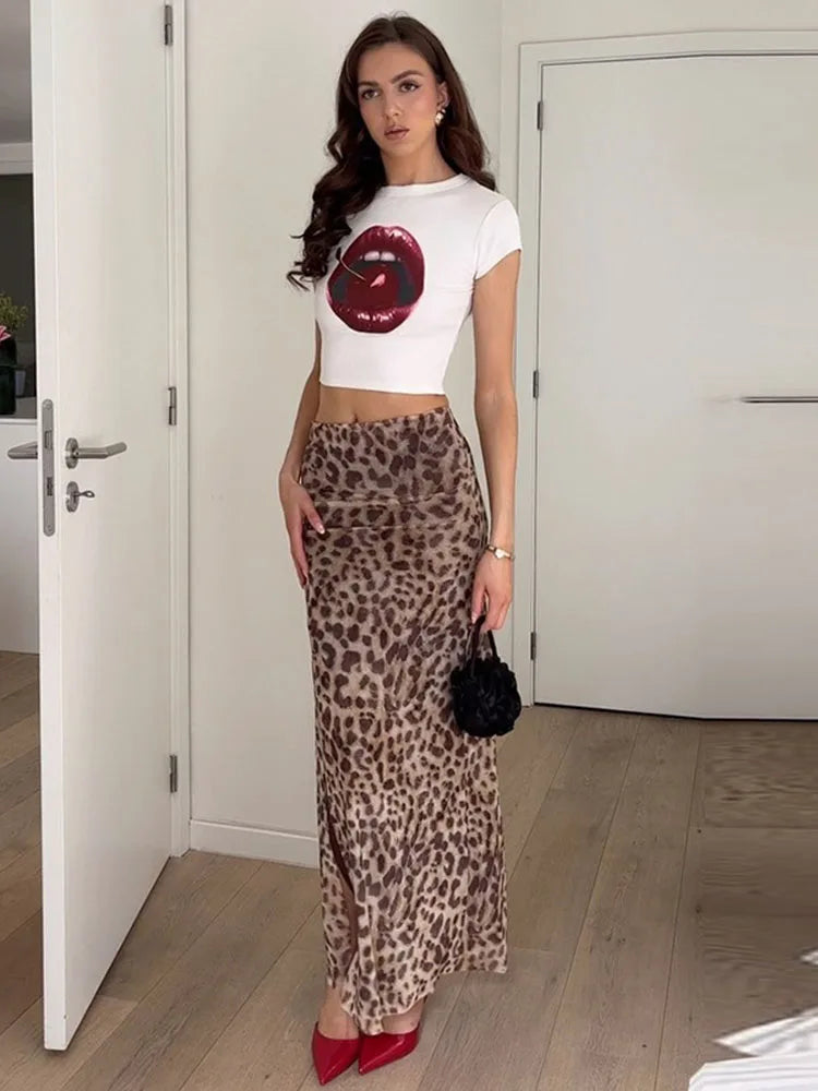 Leopard Print Maxi Skirt Women's Summer Slim Fashion Patchwork High Waist Streetwear Party Maxi Dress Elegant Maxi Skirt