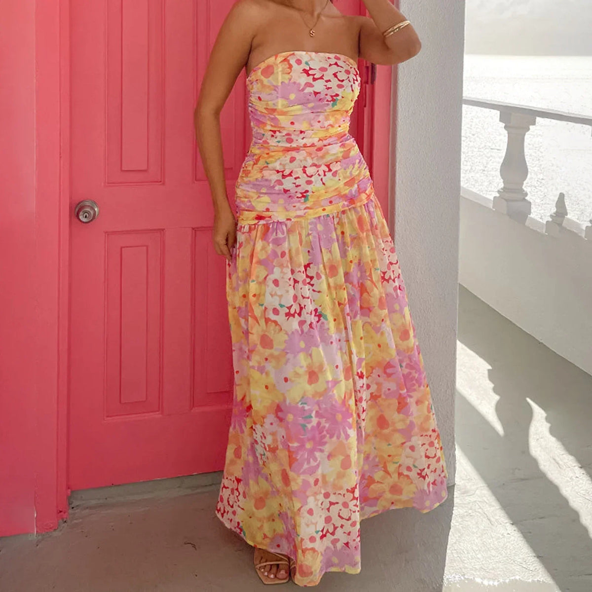 Strapless Pleated A-Line Floral Dress - View 3 | VelvetHem