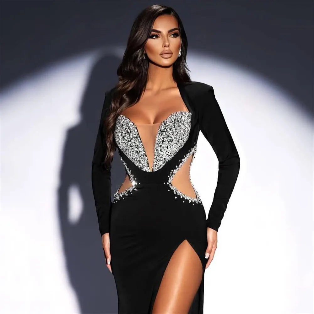 Black Color Women Long Sleeve Shinnign Crystal Waist Mesh Bodycon Bandage Long Dress Nightclub Party Celebrate Evening Dress black