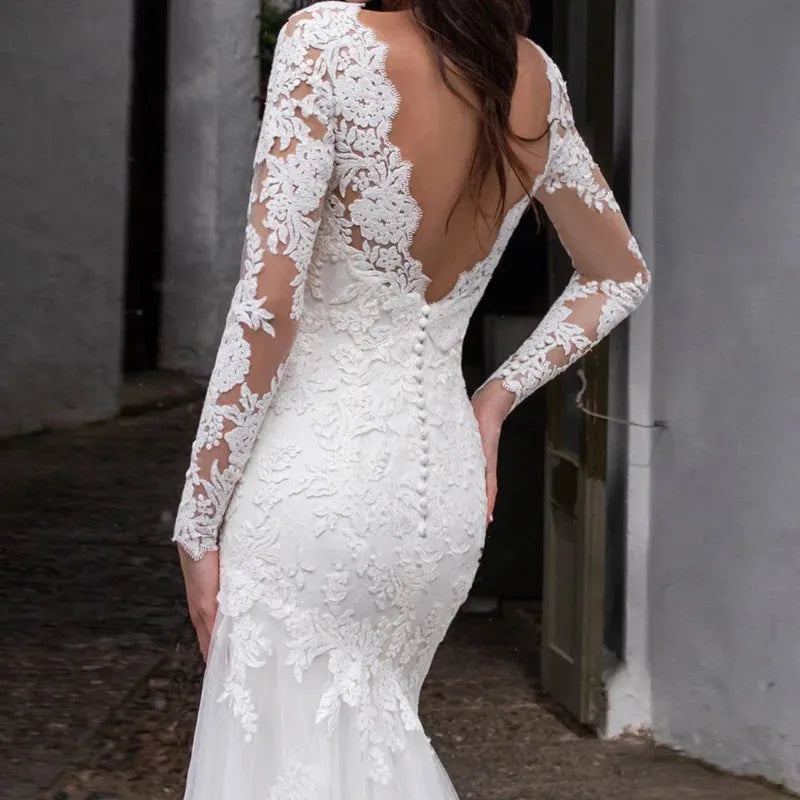 Luxury Mermaid Wedding Dress Long Sleeve Lace Applique Sexy V-neck Backless Bridal Dress Court Sweep Vestido De Noiva