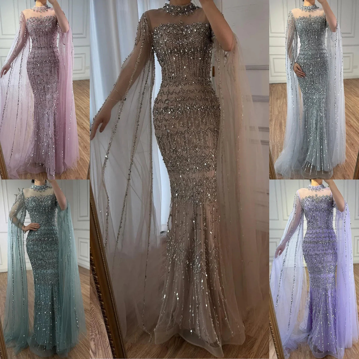 Zapdress Dubai Blue Beaded Evening Dress with Cape Sleeves 2025 Formal Party Gowns for Women DLA72714A Customized (ZD17279)