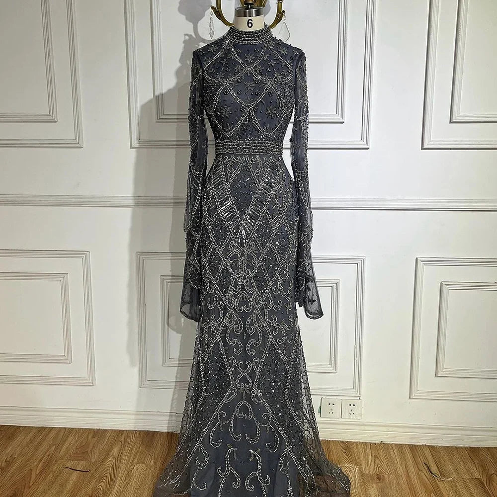 Zapdress Customized Muslim Gray Mermaid Cape Sleeve Beaded Evening Dress Dubai Elegant Party Gowns 2025 for Women (ZD17187)