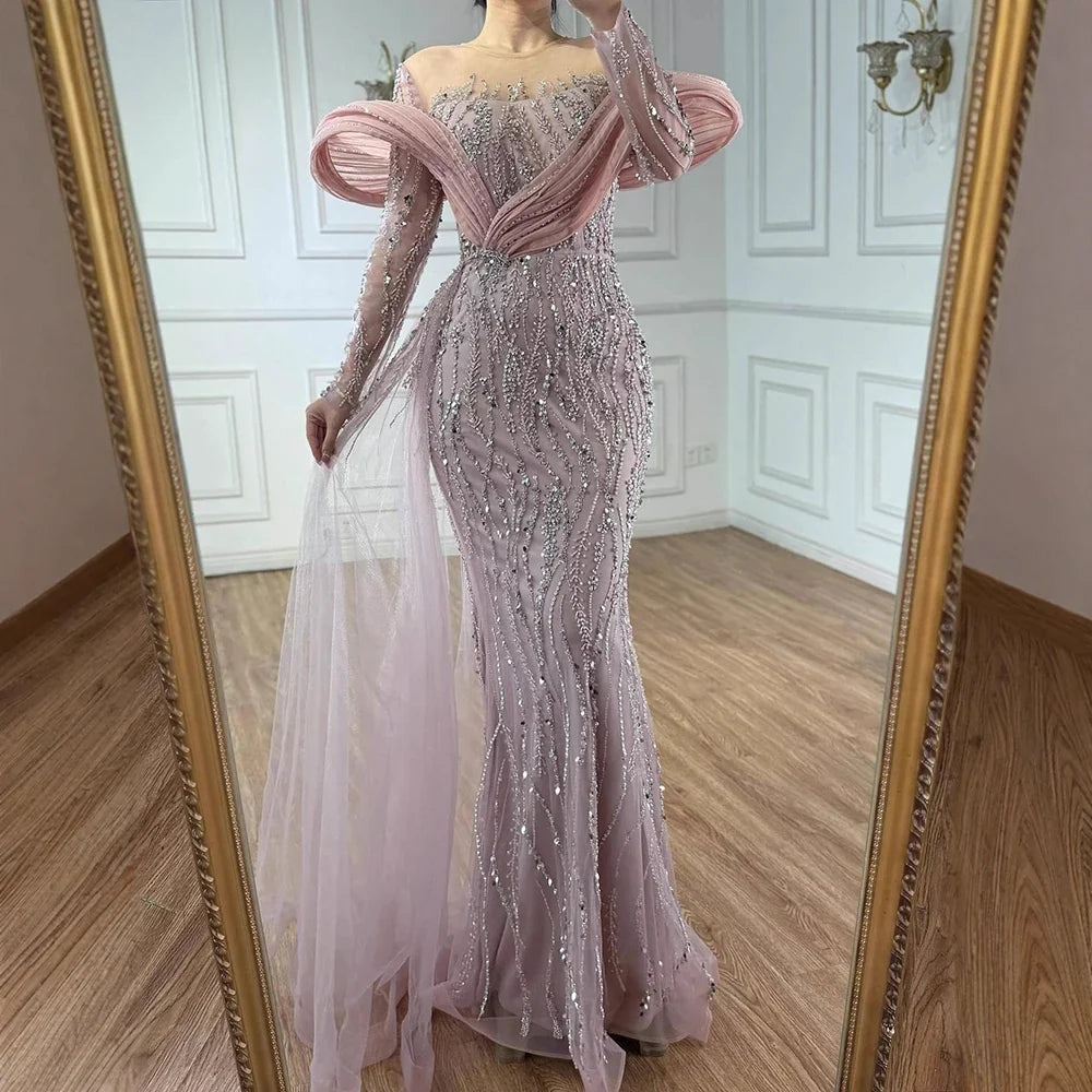Zapdress Pink Long Sleeves Mermaid Beaded Evening Dresses Elegant Wedding Party Gowns for Women Customized (ZD17195)