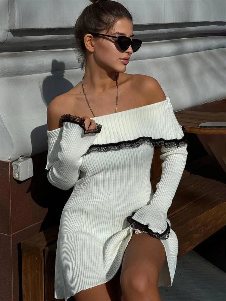 Fresia - Contrast - Lace Off - Shoulder Mini Dress