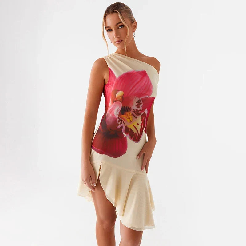 One Shoulder Slit Hem Floral Dress - View 3 | VelvetHem