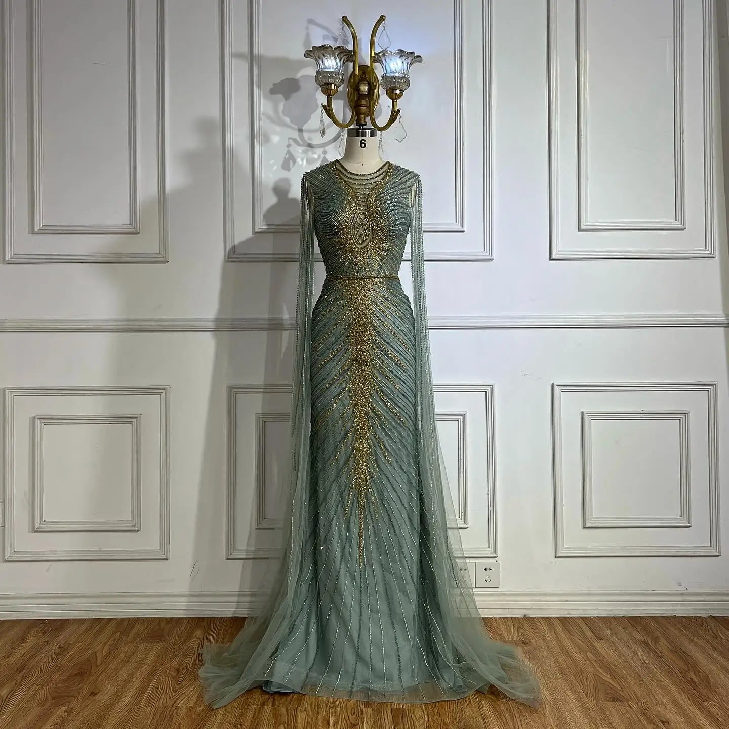 Zapdress Luxury Beaded Mermaid Evening Dresses with Cape Sleeves Caramel Formal Party Gown for Women Customized (ZD17180)