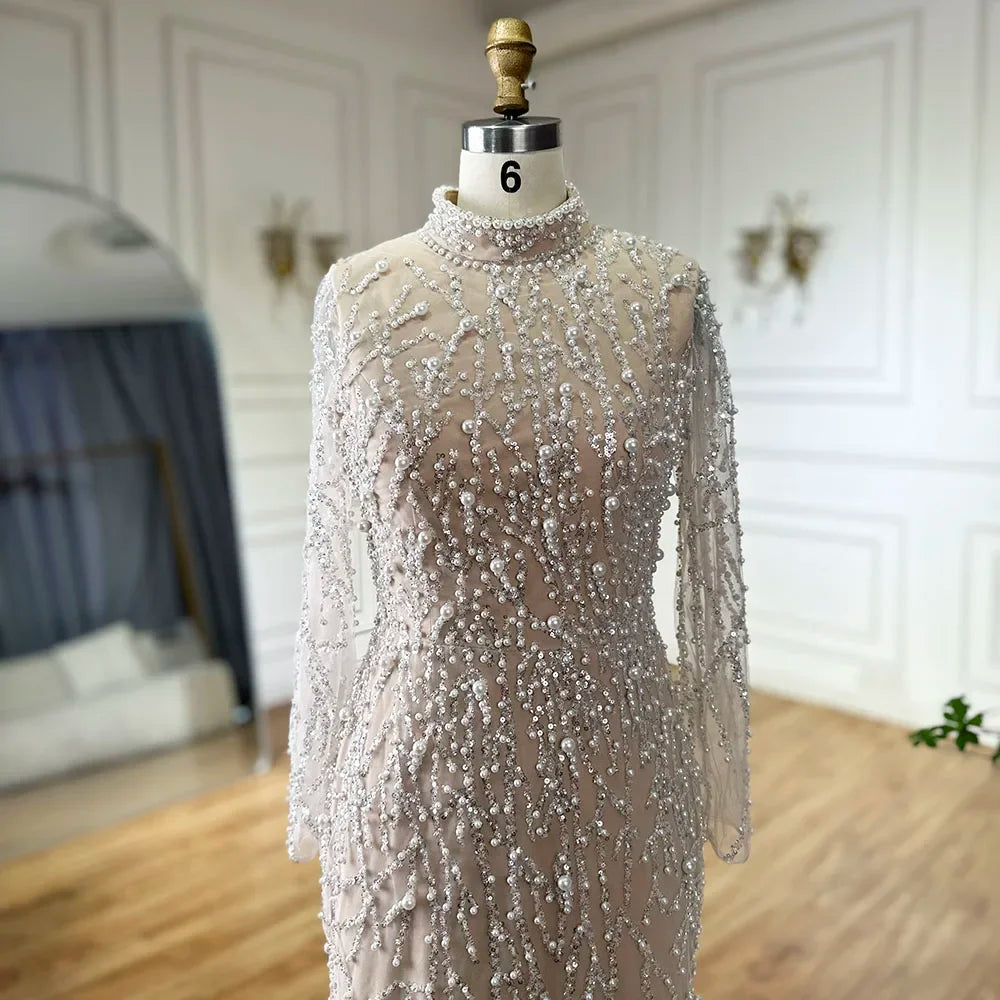 Zapdress 2025 Luxury Saudi Arabic Pearls Beaded Nude Mermaid Evening Dresses For Wedding Occasion DLA72345A Customized (ZD17310)