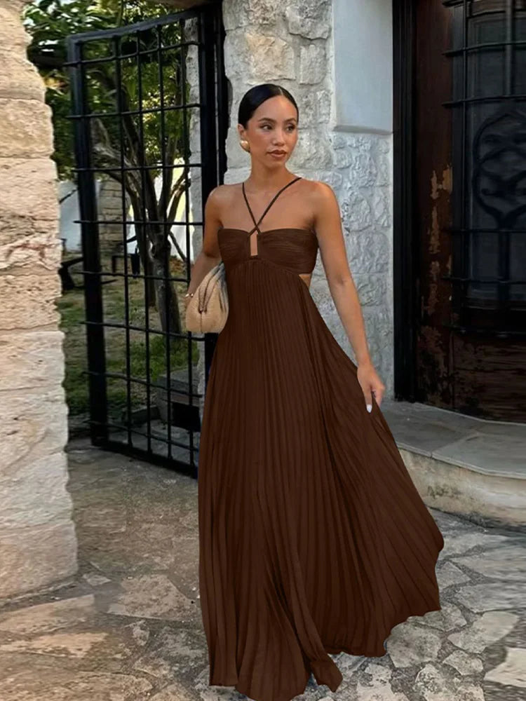 Pleated Blue Halter Maxi Dress - View 6 | VelvetHem