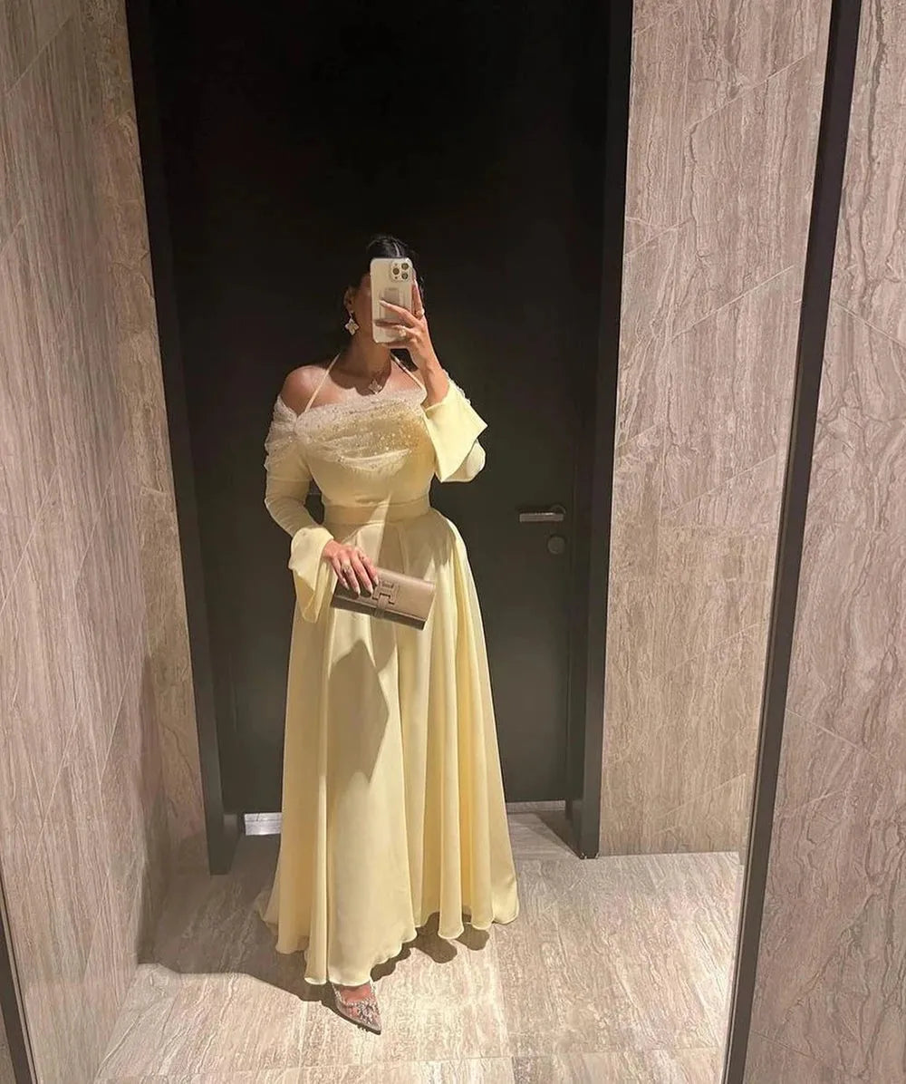 Yellow Evening Dresses Chiffon Off The Shoulder Pleats Prom Dresses Arabic Women's Formal Party Dresses
