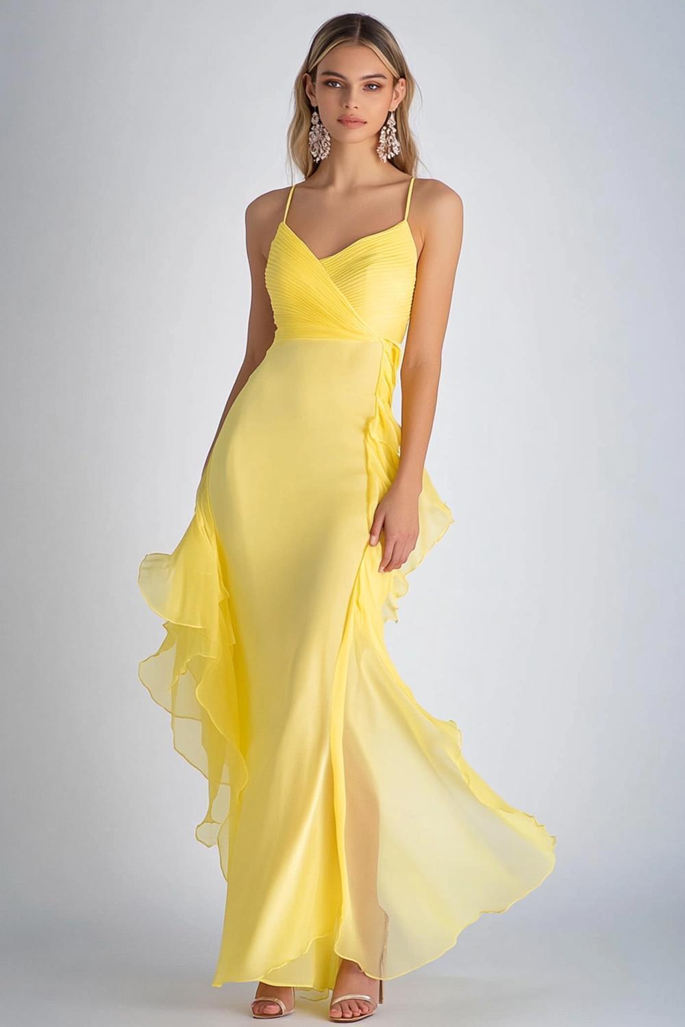 Sheath Chiffon Light Yellow Spaghetti Straps Long Formal Dress