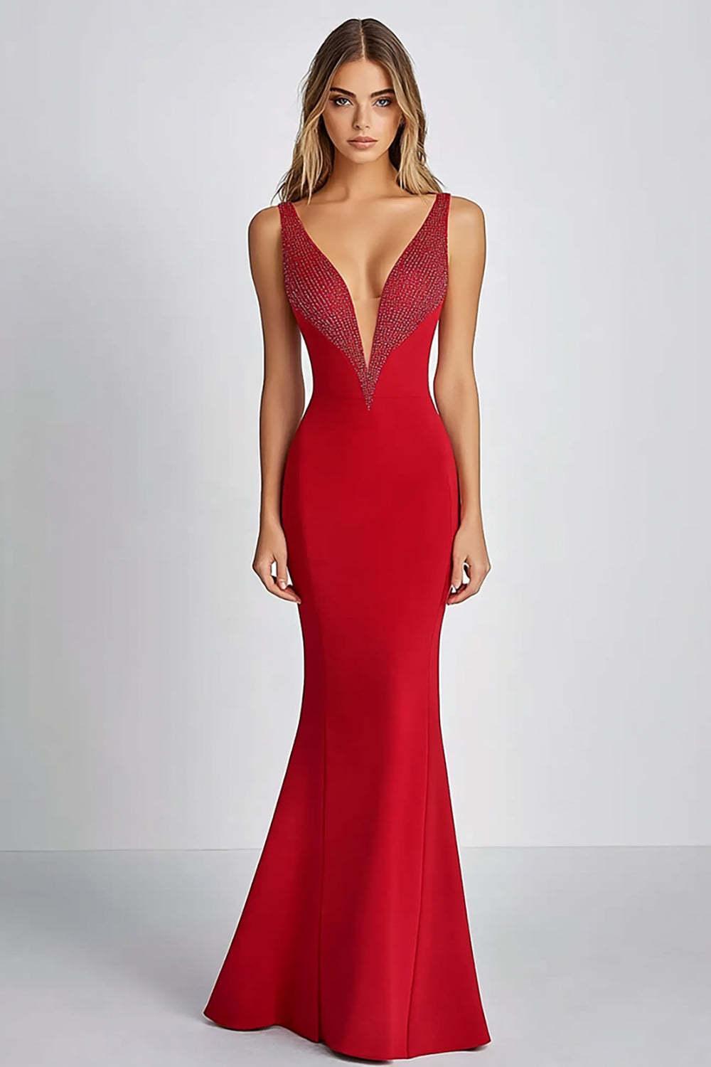 Sheath Deep V-Neck Red Wedding Guest Dress Long Formal Dress With Beading