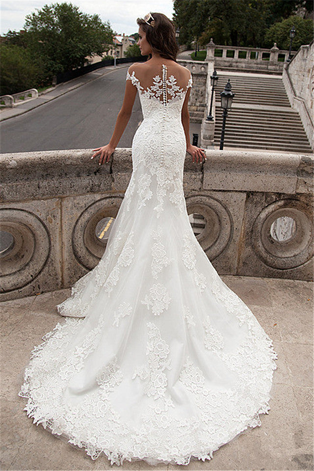 Sheath Sheer Top Wedding Dresses Lace Court Train Bridal Gowns with Buttons EDE008