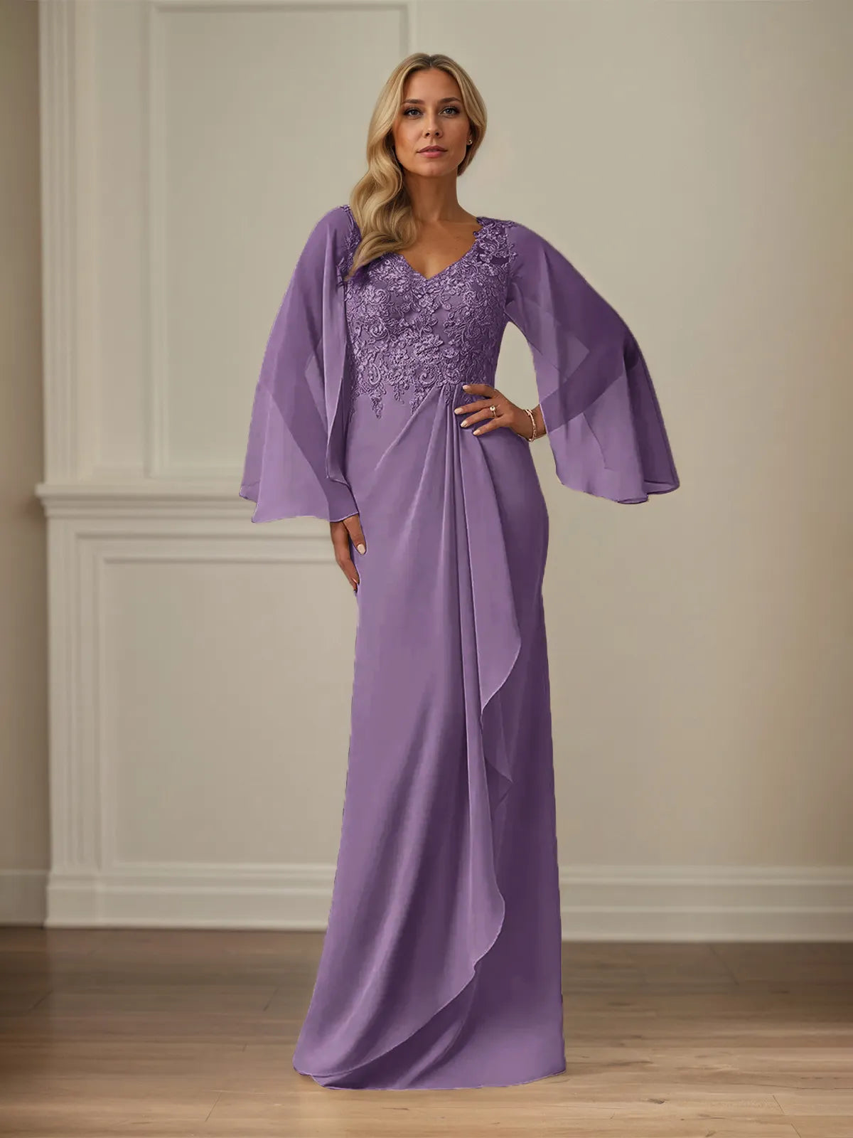 Sheath/Column Chiffon V Neck Long Sleeves Floor Length Mother of the Bride Dresses With Appliques