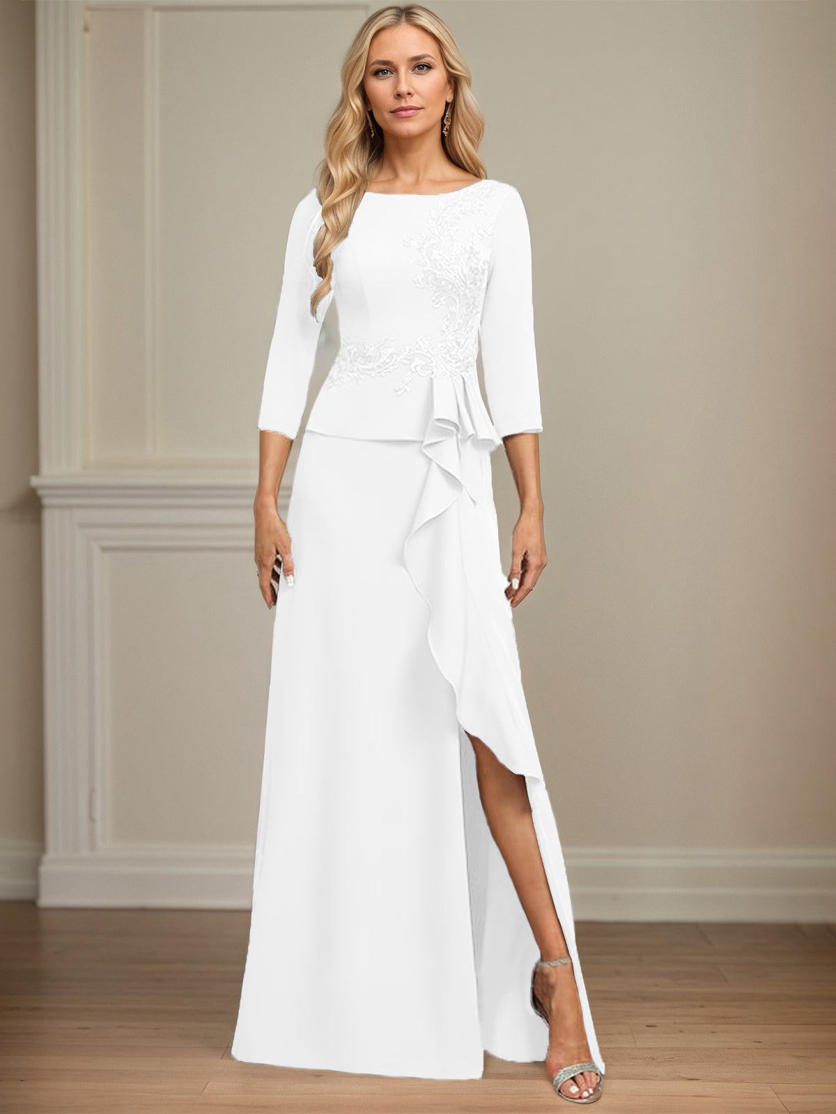 Sheath/Column Scoop Floor-Length Stretch Crepe Dress With Cascading Ruffles Appliques
